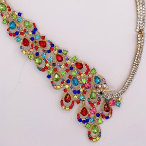 Rainbow colored peacock rhinestone statement necklace